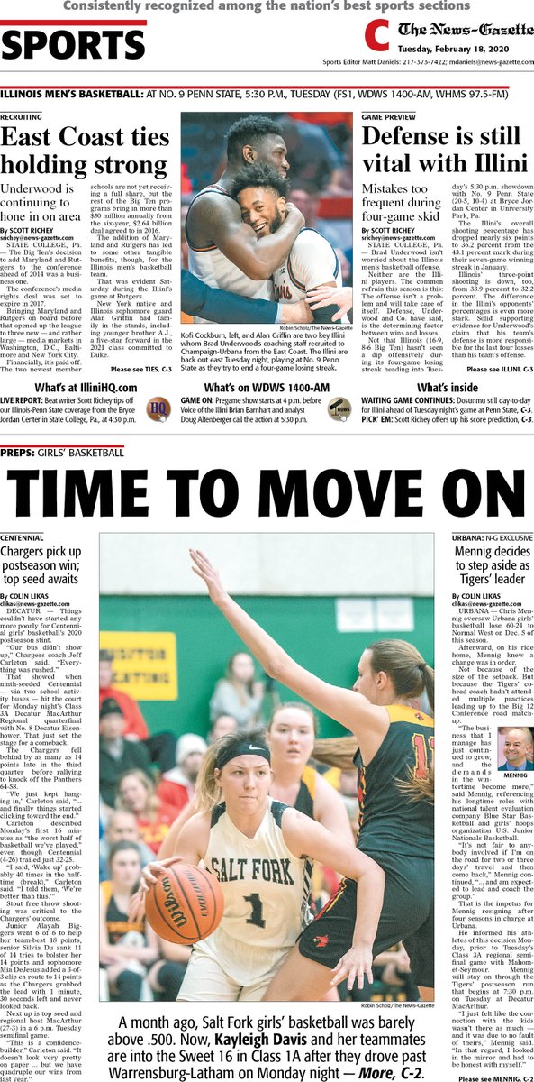 Tuesday's N-G sports cover feat. <a href="/srrichey/">Scott Richey</a> on #Illini basketball during its East Coast swing, <a href="/clikasNG/">Colin Likas</a> on postseason win by <a href="/CHAR_GERS/">Centennial Athletics</a> girls' basketball, <a href="/SaltFork_HS/">Salt Fork H.S.</a> girls' basketball moving on to the Sweet 16 and more

<a href="/APSE_sportmedia/">APSE</a> 
<a href="/ngphotostaff/">News-Gazette Photo</a>