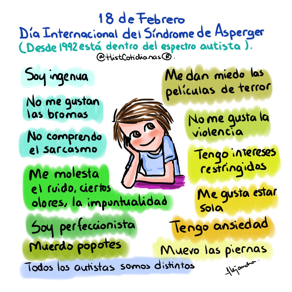 HistCotidianas's tweet photo. #18deFebrero #DiaInternacionalAsperger 
#soyautista 
El autismo es un trastorno del neurodesarrollo que nos hace procesar la información de forma diferente. No soy ni mejor ni peor que tú, solo distinta 🤗💕.

¿Me regalas un RT? 
¡Gracias! https://t.co/gnByRitPzL