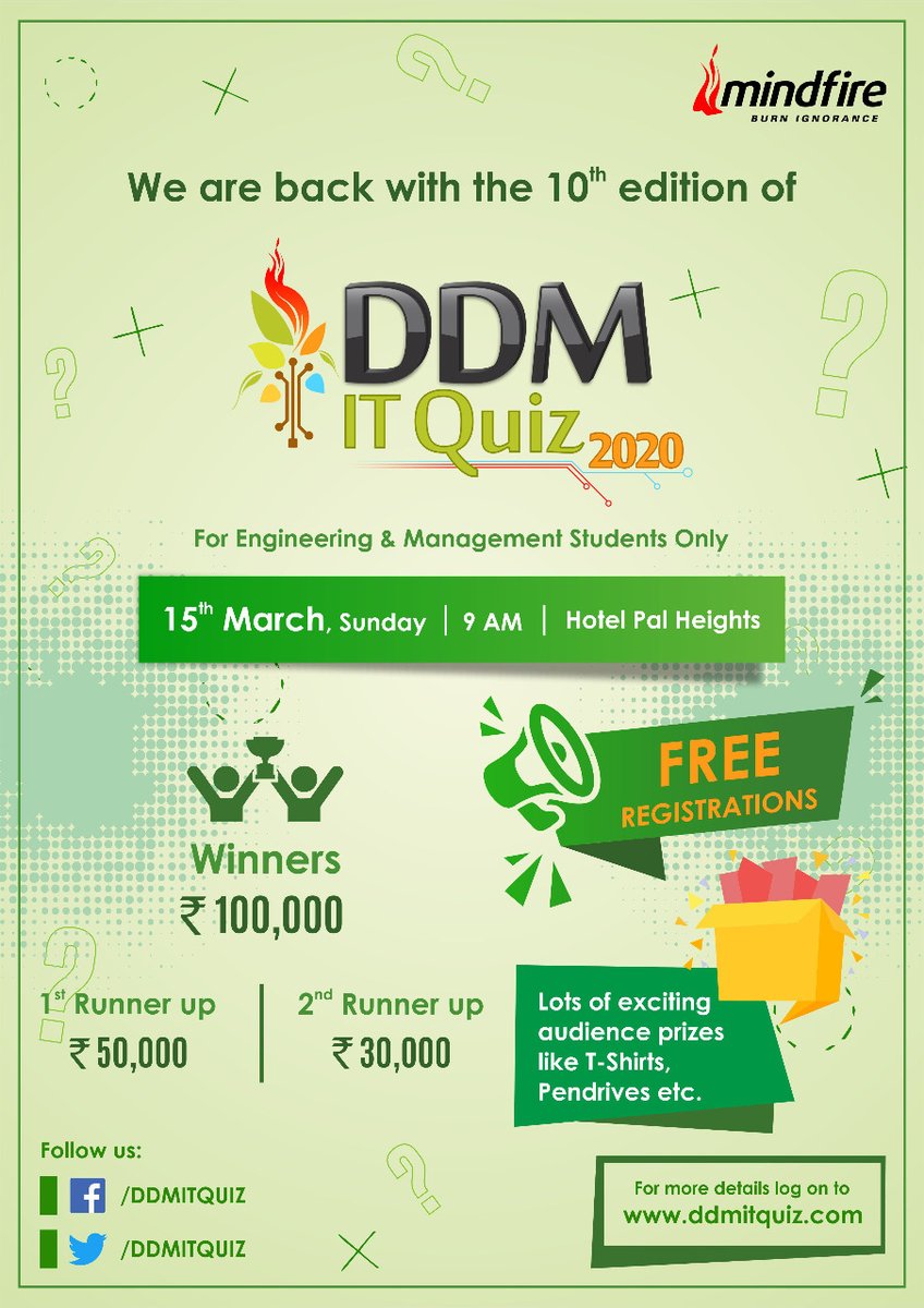 pickbrain's tweet photo. Hi folks, here is an exciting quiz for all engineering and management students. #Mindfire presents the @DDMITQuiz on the 15th of March 2020, Sunday at #Bhubaneswar. For more details, log on to https://t.co/AfNVQy1mLQ
#pickbrain #knowledgetribe #itquiz #campusquiz #DDMITQUIZ https://t.co/rdHG0KDeku