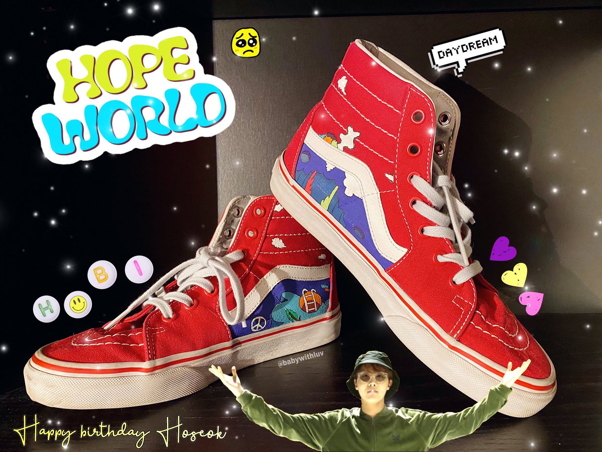 babywithluv's tweet photo. happy birthday to hobi who inspires me to smile and be happier every single day!! 🥳✨💜 thank you for being my biggest inspiration!! stay happy and healthy!! 🥺 please enjoy my hope world shoes!! ✈️☀️🌈#HappyBirthdayJhope #HappyHopeTime #HopeWorldInspired #HAPPYJHOPEDAY https://t.co/zw7Vyeq7qC