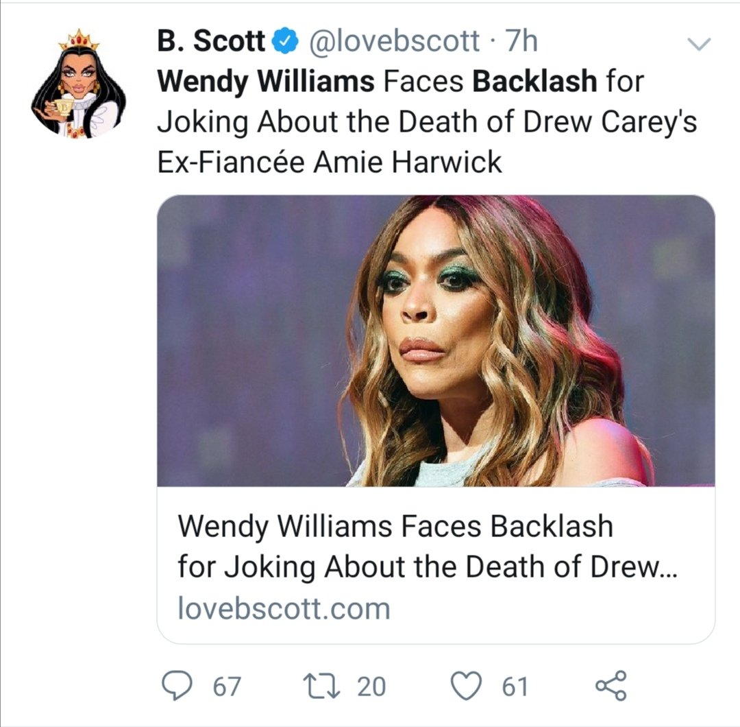 So far in 2020 and bearing in mind its only febuary. Wendy Williams has joked about Joaquin Pheonix' cleft lip, told gay men to stop wearing our dresses and now has joked about Drew Careys ex Amie Hardwick dying by falling off a balcony by saying "just get down". Disgraceful!