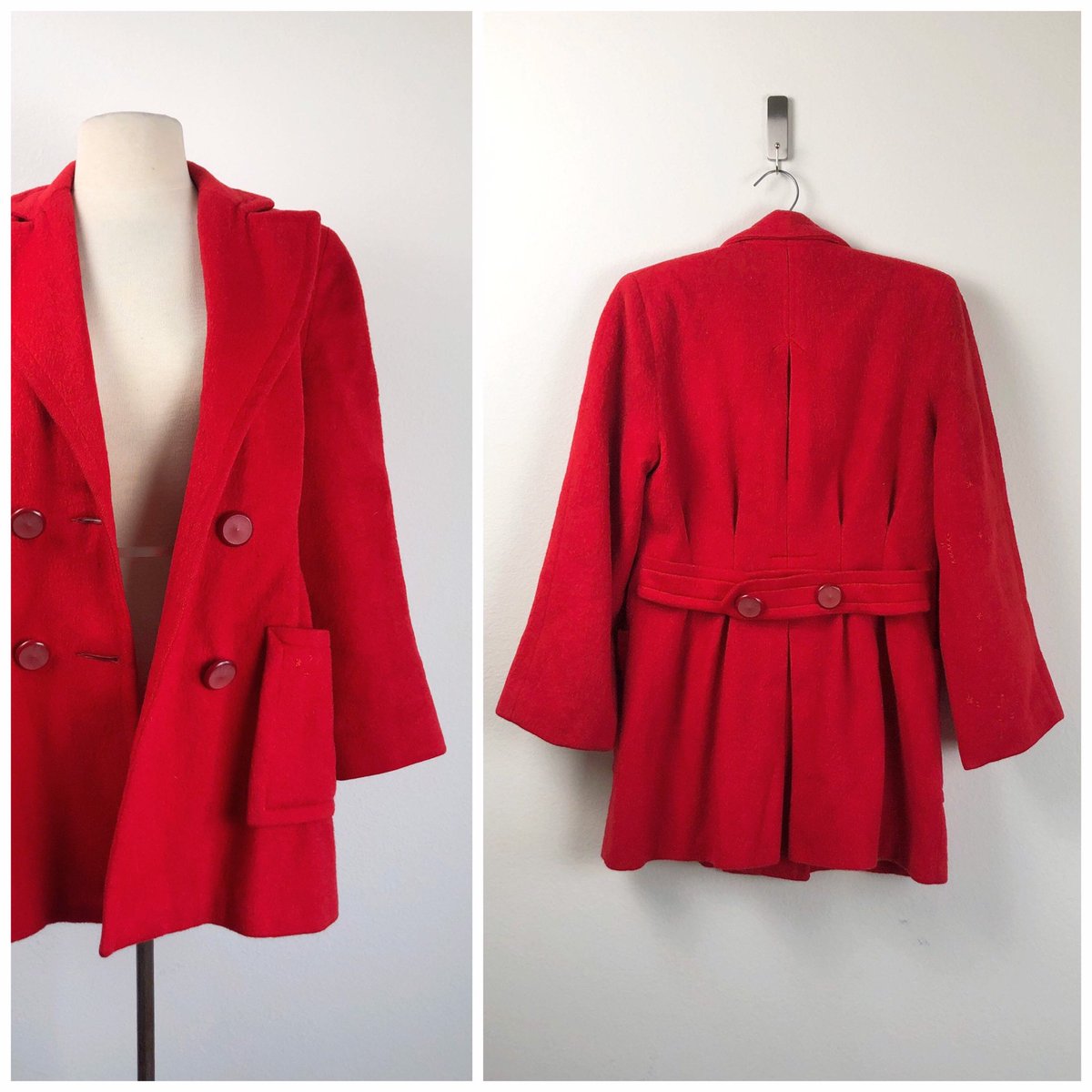 vintage red wool pea coat | WWII swing era trench | rockabilly 1940s 40s 1950s 50s #etsy #vintagecoat etsy.me/37EDeV8