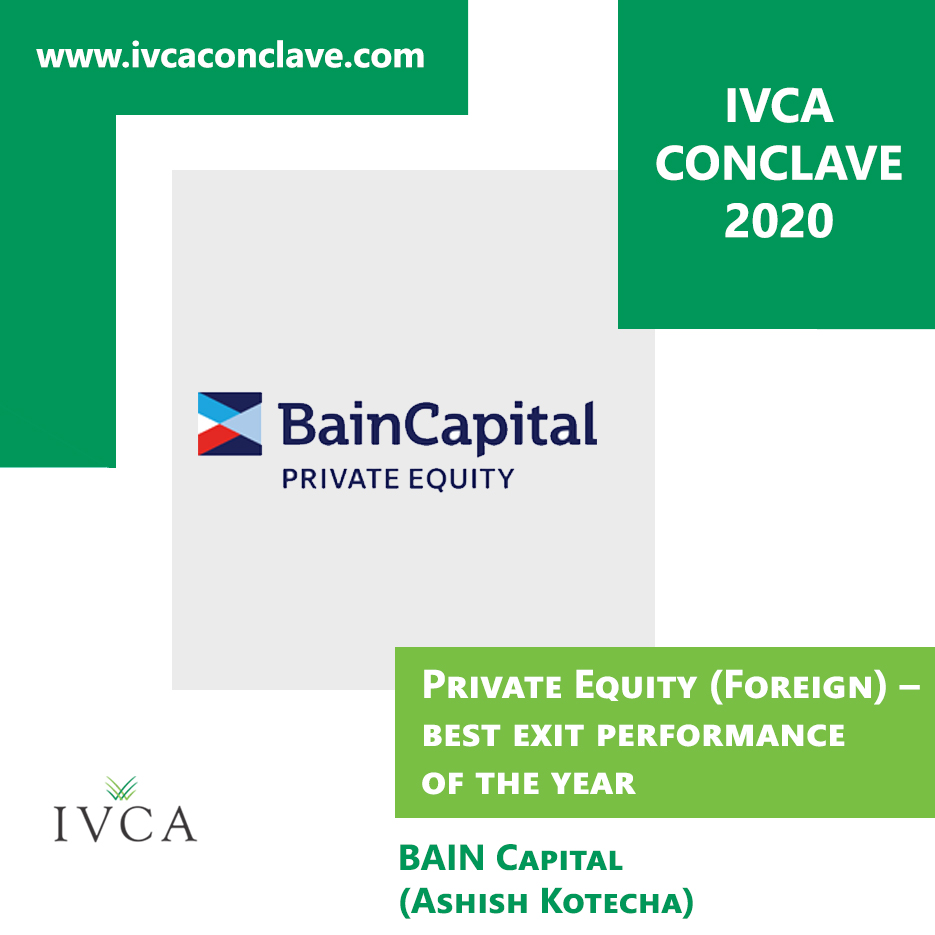 IndianVCA's tweet photo. Private Equity (Foreign) – best exit performance of the year
Winner: @BainAlerts  
#IVCAConclave https://t.co/kbIgpmJkop