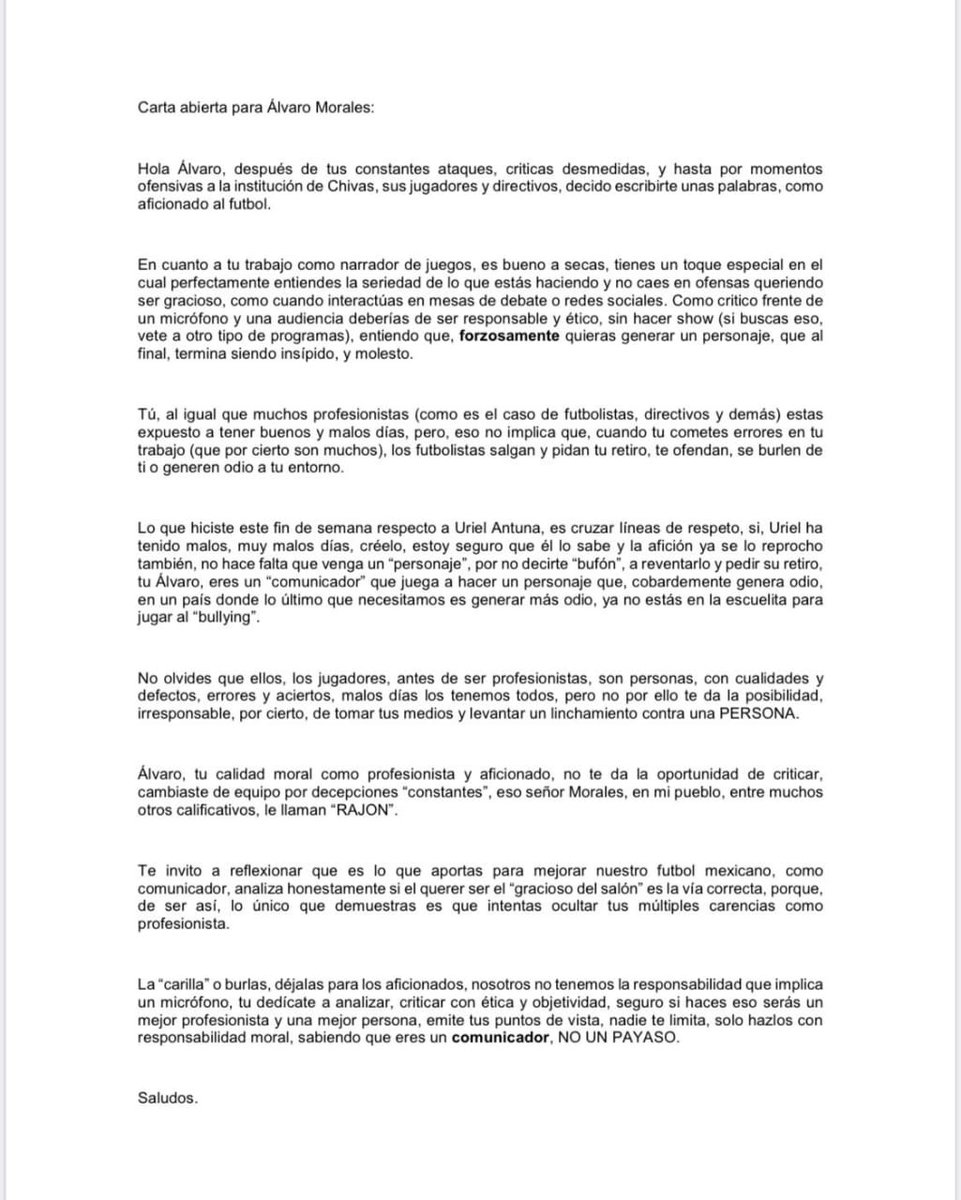 Carta de un aficionado. Totalmente de acuerdo