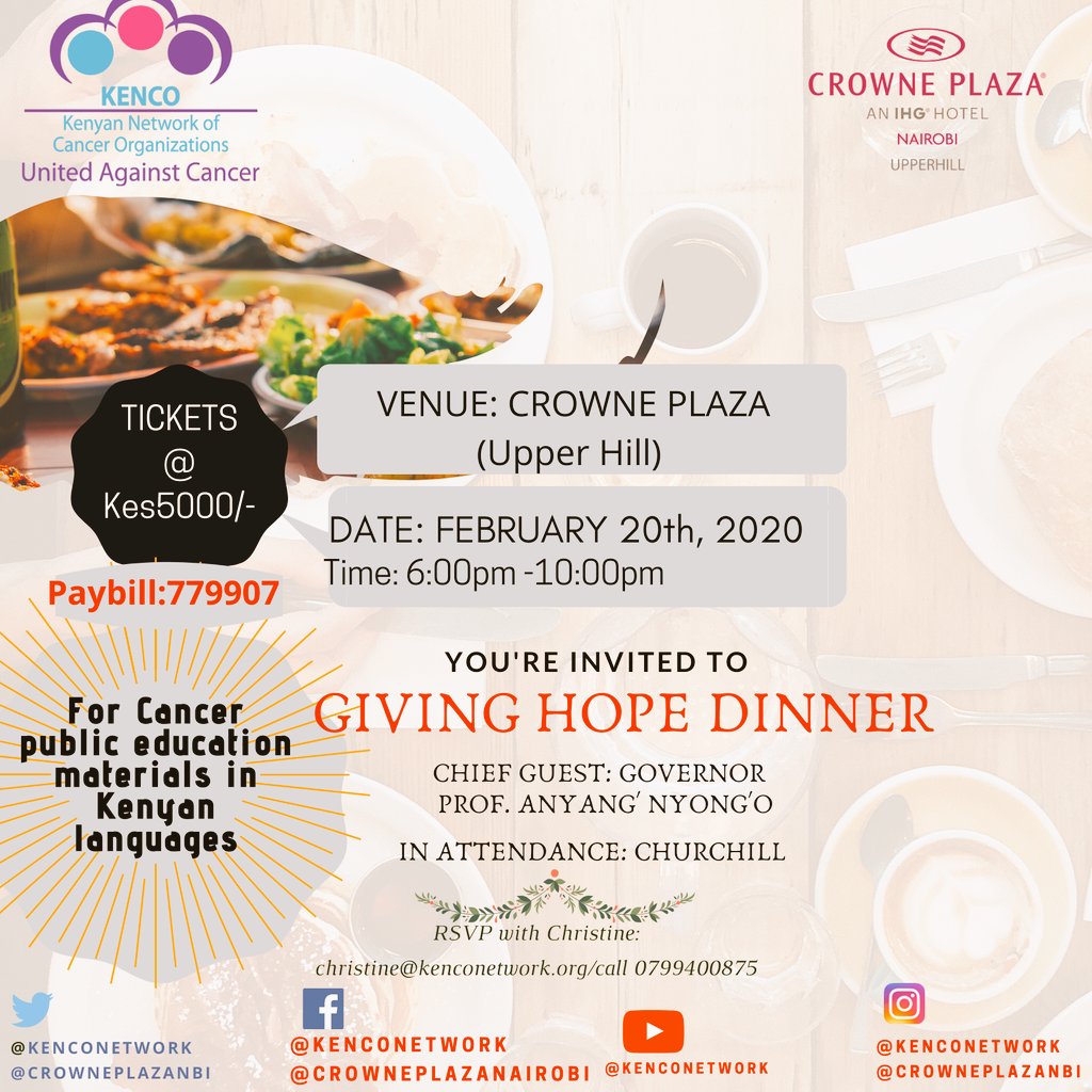 kenconetwork's tweet photo. @crowneplazanbi will host a dinner for cancer public education materials in Kenyan languages. Here is a chance to support efforts that seek to ensure validated cancer information reaches all Kenyans #UnitedAgainstCancer #GivingHopeDinner @DrMercyKorir @daktari1 @odhis1 @bmachau https://t.co/qj6ltAwcvQ