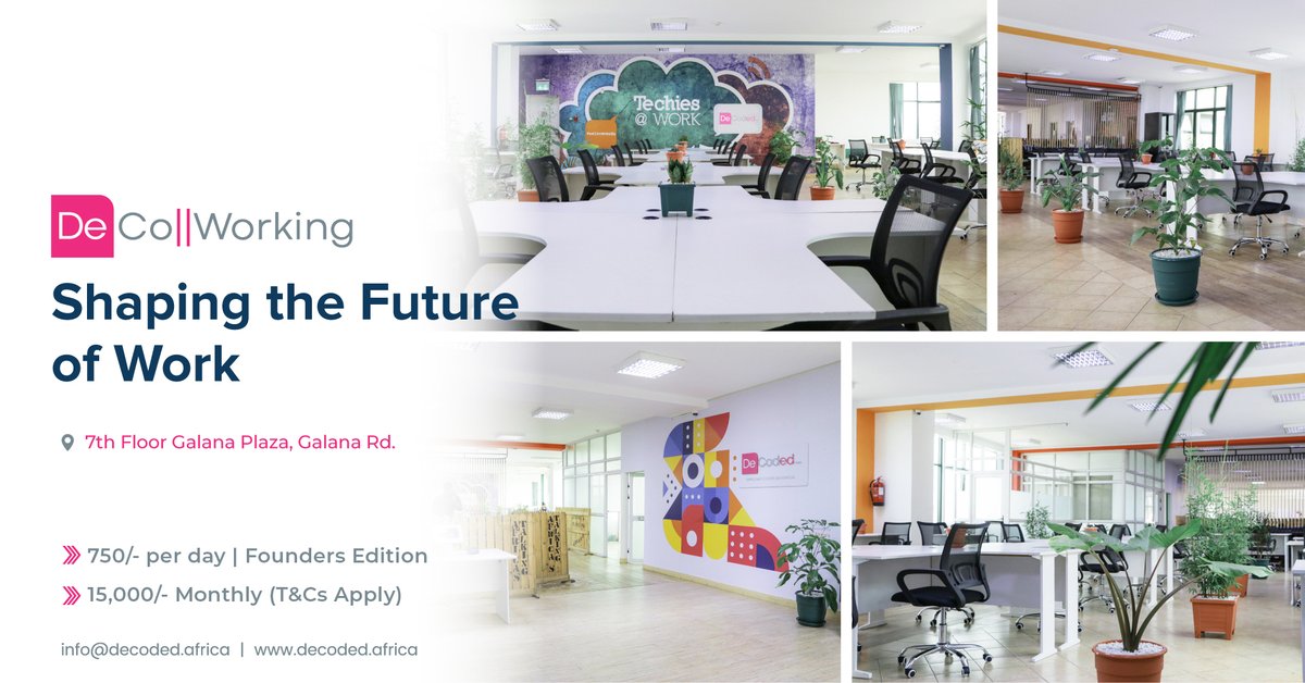 GrahamIngokho's tweet image. Welcome to the Decoded Co Working Space:
1. Open 24/7 Perfect for Devs, Remoting
2. 750/- per day Founders Edition, 15,000 Monthly. (T&amp;amp;Cs Apply)
3. Rent A Laptop A Day @ Subsidized Rates
4. Free Weekly Mentorship Days 
WhatsApp: +254 767 810 031
@Decoded_Africa @Africastalking