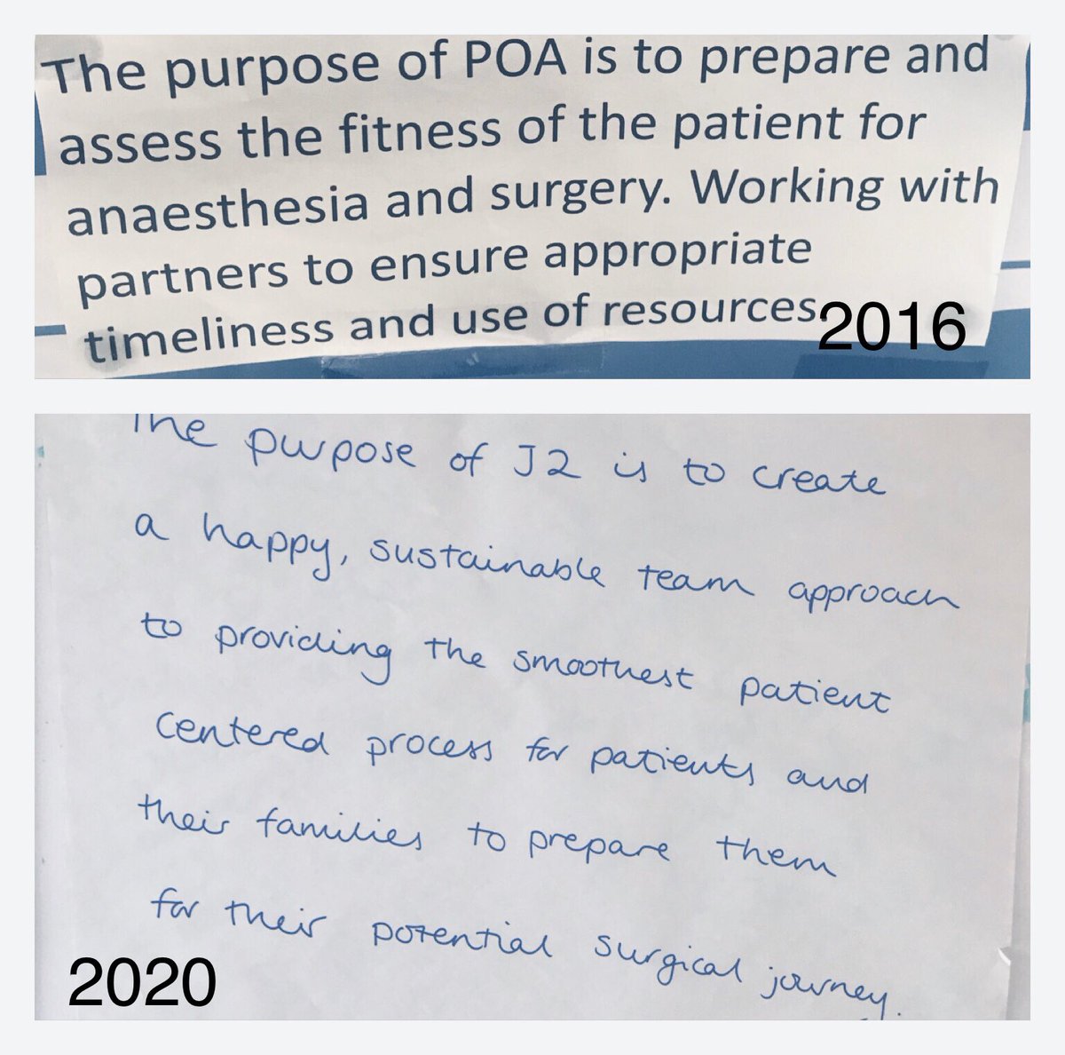 CleggRosie's tweet photo. Four years on - can you see the difference in tone of purpose statement? The team feel much more connected to the 2020 one.
@SheffieldMCA @SheffieldHosp #microystems #j2preop #qualityimprovement https://t.co/34ik3tO73T