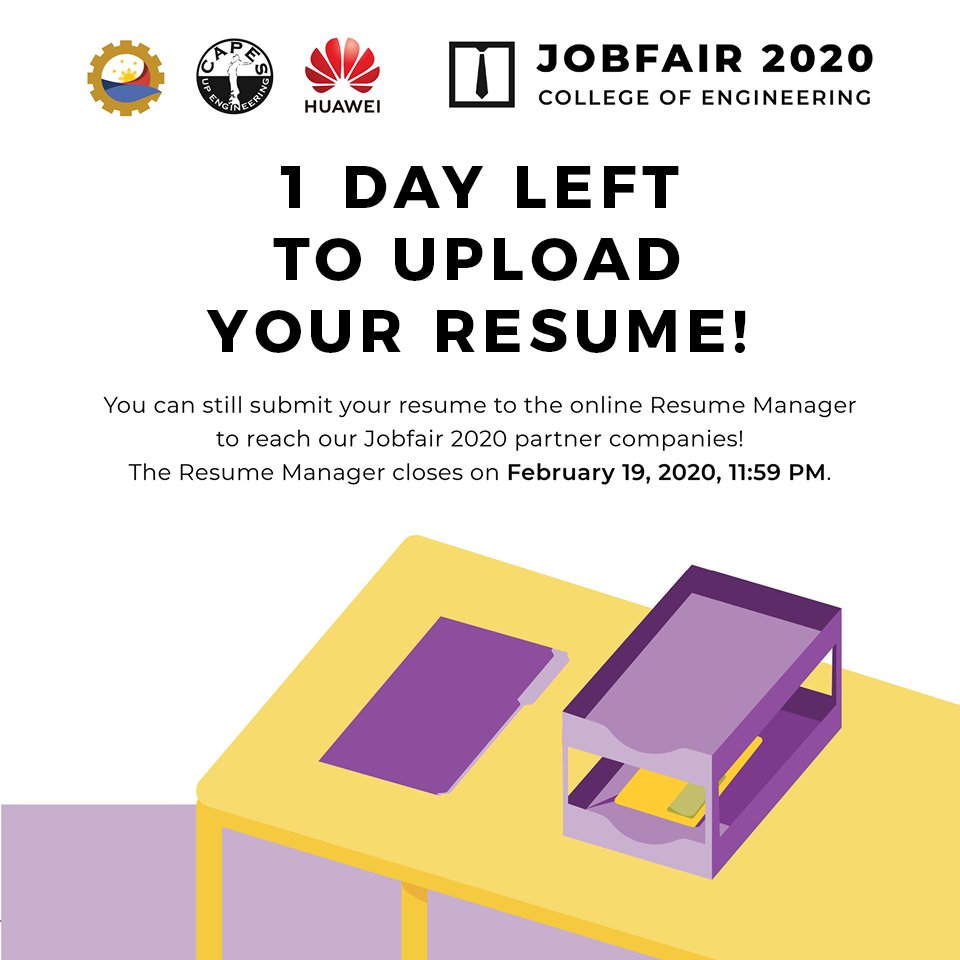UPCAPES's tweet photo. You can still submit your resume to the online Resume Manager (https://t.co/8aPAz0BcfG) to reach our Jobfair 2020 partner companies!
For those who cannot access the Resume Manager, you may upload your resumes at https://t.co/34LJKkYYeH
#EngineeringTheFilipinoFuture https://t.co/84mZcsz5dX