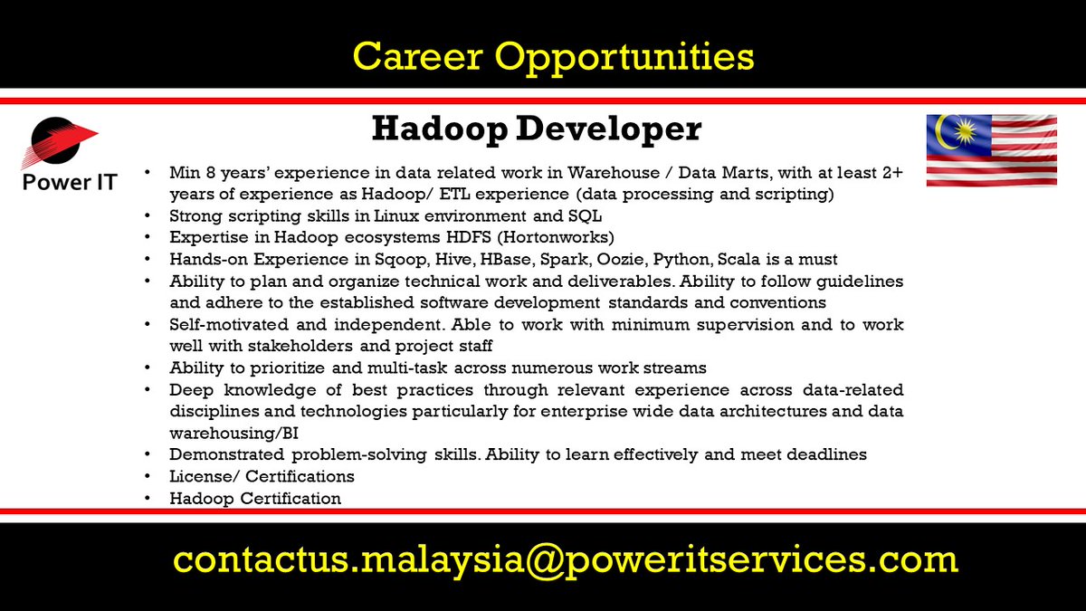 Poweritmalaysia's tweet image. We have an Excellent opportunity for Hadoop Developer Malaysia Location. Interested candidates, please send us your updated profile to contactus.malaysia@poweritservices.com
#malaysia #malaysiajobs #hadoopdeveloper #hadoop #bigdata