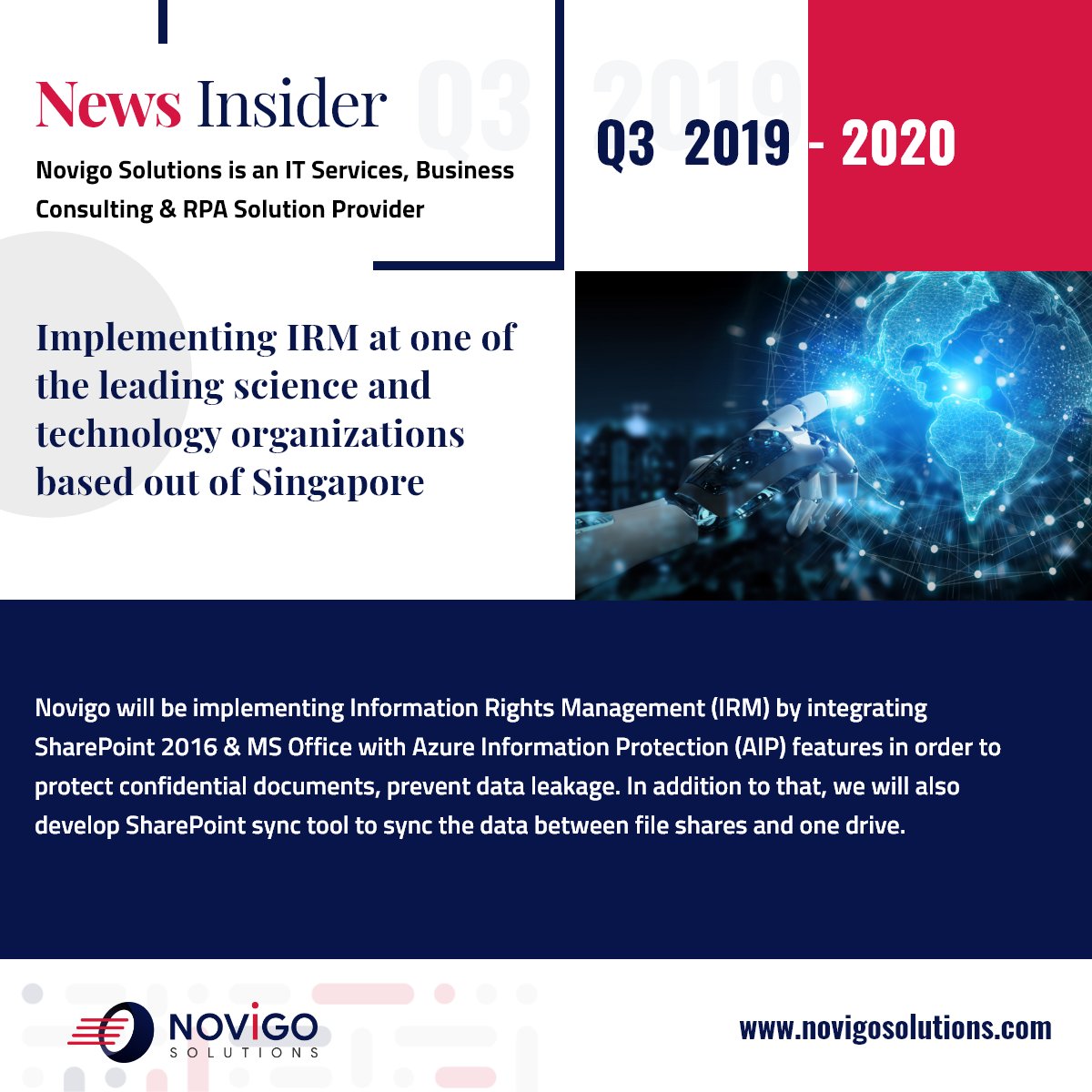 NovigoSolutions's tweet photo. Novigo is implementing Information Rights Management (IRM) at one of the large research organizations in Singapore by integrating Sharepoint 2016 and MS Office with Azure Information Protection (AIP) features.
#IRM #AIP #AzureInformationProtection #DataCompliance #Sharepoint2016 https://t.co/FHnJPJlrj9
