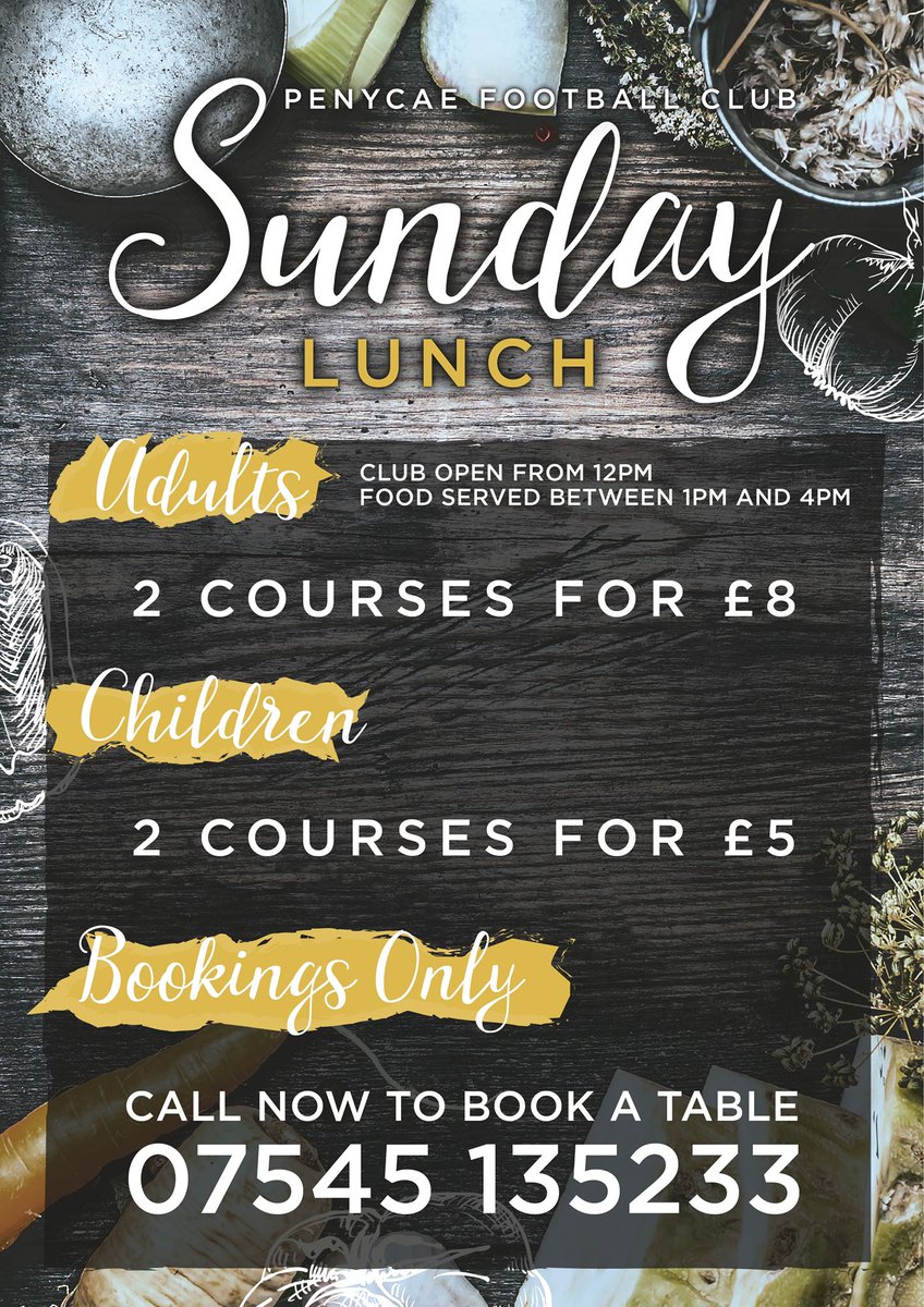 ⭐ Sunday Lunches ⭐
Thank you to all those who booked last Sunday it was a very successful afternoon We appreciated all the good feedback and if you would like to book in for next Sunday then please call on 07545135233
#WeAreTheCae #MoreThanAClub

Sponsored By 
<a href="/SoccerMillion/">Soccer Million</a>