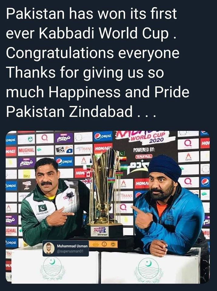 Pakistan won Kabddi World Cup 2020.....

#kabddi #worldcup #pakistankabddi #BeroccaCallsGladiators #TecnoMobilePakistan #Iqra_University #TecnoIqraStar #TuesdayThoughts