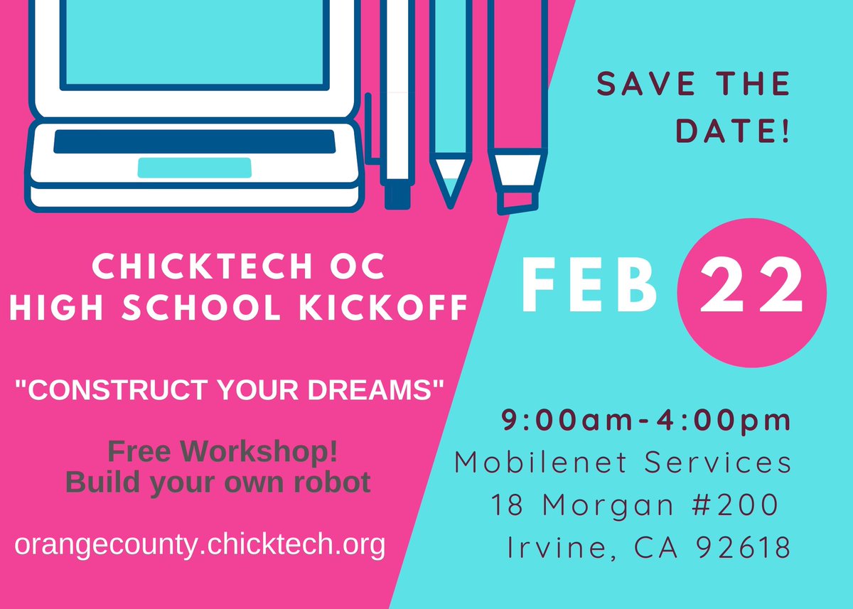 The ChickTech OC High School Kickoff is coming up on Saturday! This is an exciting FREE opportunity to gain knowledge in STEM and build your very own robot. Student nominations here:  bit.ly/2SntxF7