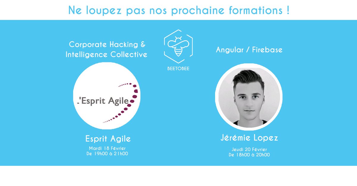 BeeToBee_Ynov's tweet photo. PROCHAINS #MEETUPS ⚠️ @YnovAix 

1️⃣ Esprit Agile : "Corporate hacking &amp; intelligence collective"
👉CE SOIR 19h00/21h00
👉https://t.co/qXt3bkzStL

2️⃣ Angular / Firebase avec Jérémie Lopez
👉Jeudi 20/02 18h00/20h00
👉https://t.co/fS9kXFcjpt https://t.co/V1YU9ebxDc