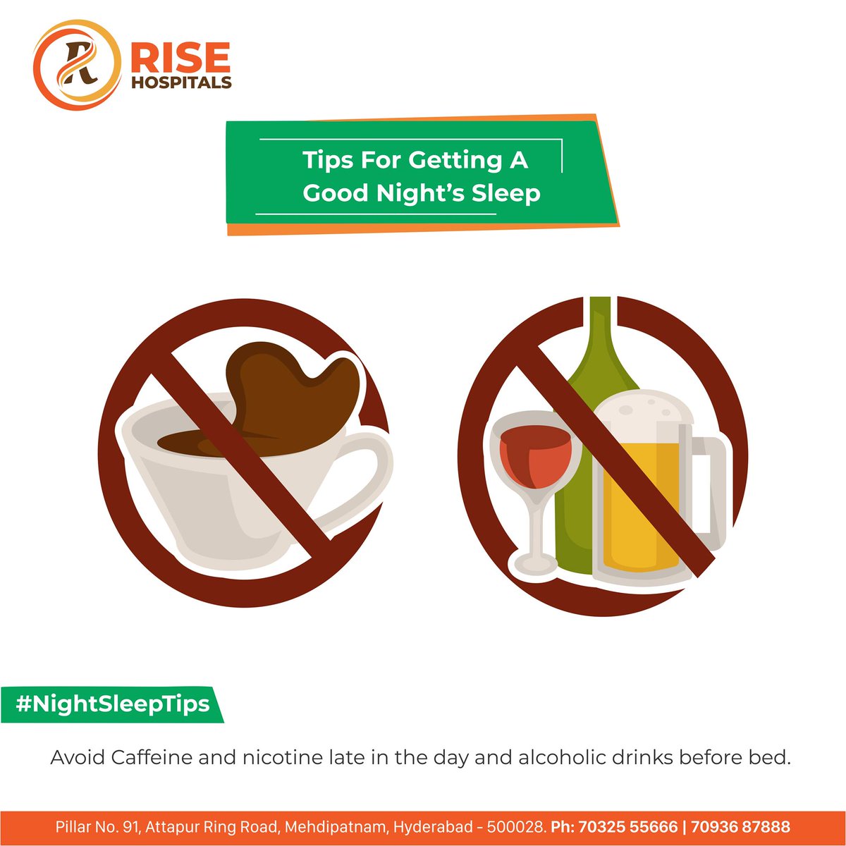 RiseHospitals's tweet photo. Tip for Getting a Good Night's Sleep:
 
Avoid Caffeine and nicotine late in the day and alcoholic drinks before bed.

#AvoidCaffeine #AvoidNicotine #AvoidAlcoholic #GoodSleep #SleepBetter #SleepingTips #GettingGoodSleep https://t.co/wnxfK67myV