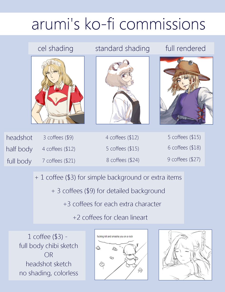 hi everyone, i decided to open up commissions! check these out if you're interested!