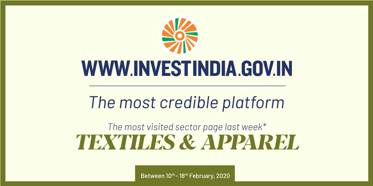 investindia's tweet photo. #SectorOfTheWeek
Textiles and apparel sector was the most visited sector page last week on @investindia's website - the most credible platform for investment information. Explore more about this sector, visit https://t.co/ZU8rlANamP NOW!
@TexMinIndia @SmritiIraniOffc @smritiirani https://t.co/anBkjERhGV