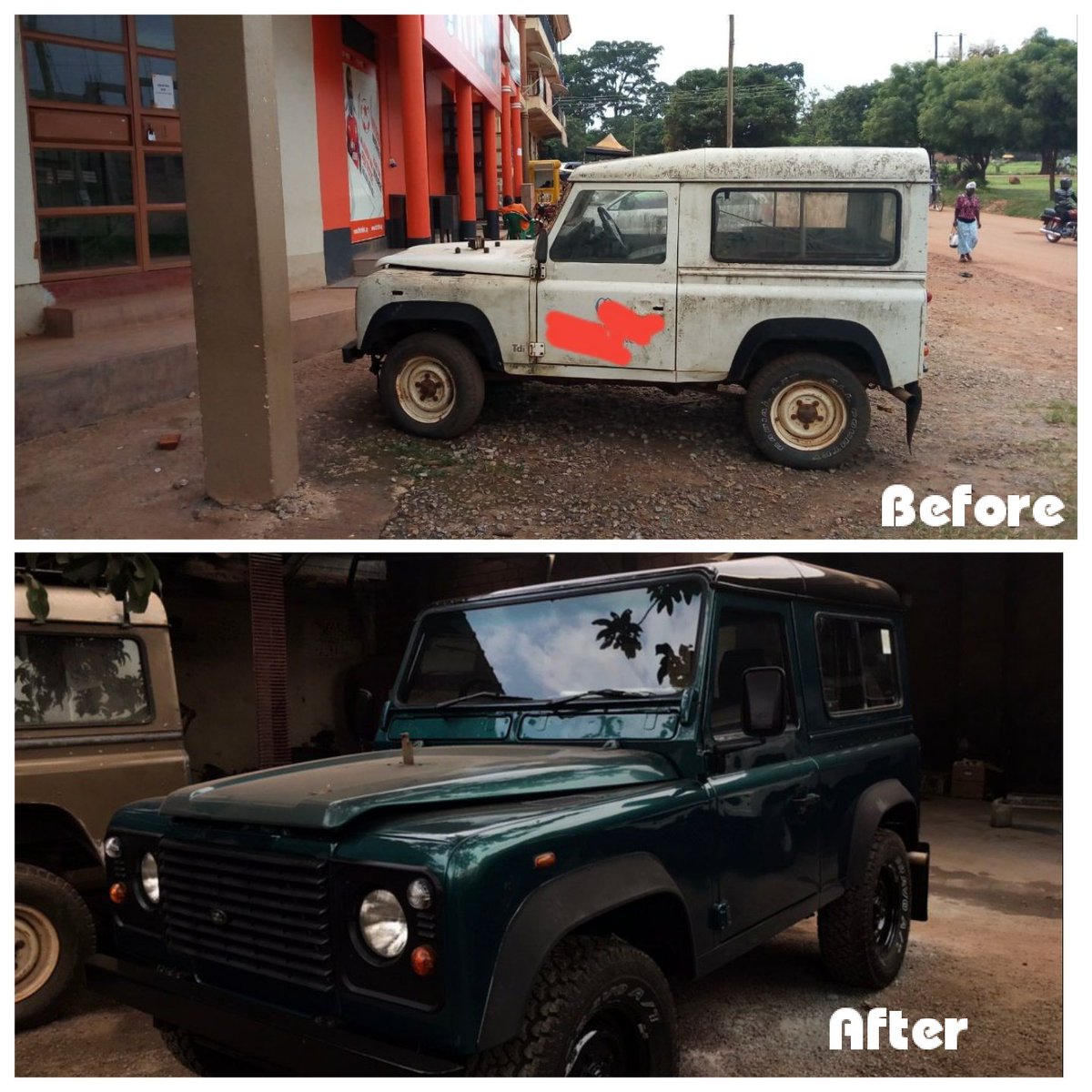 SheDefender's tweet photo. There is nothing as thrilling as rebuild a Landrover. This is before and after. Took 2.5 years #MadloveFor90 #LandroverDefender #Uganda #FemaleOwner https://t.co/HmxWzNUKHN