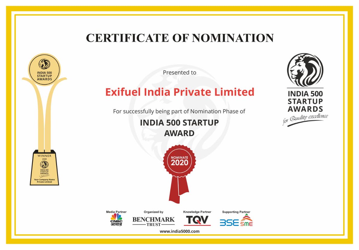 Exifuelindia's tweet photo. Exifuel India Private Limited has been nominated under India 500 Startup Awards 2020 of @india5000awards .
#startupawards2020 #msmeawards2020
#Exifuel #IndiaKaFuel
#india5000awards https://t.co/UWNnCItkPn