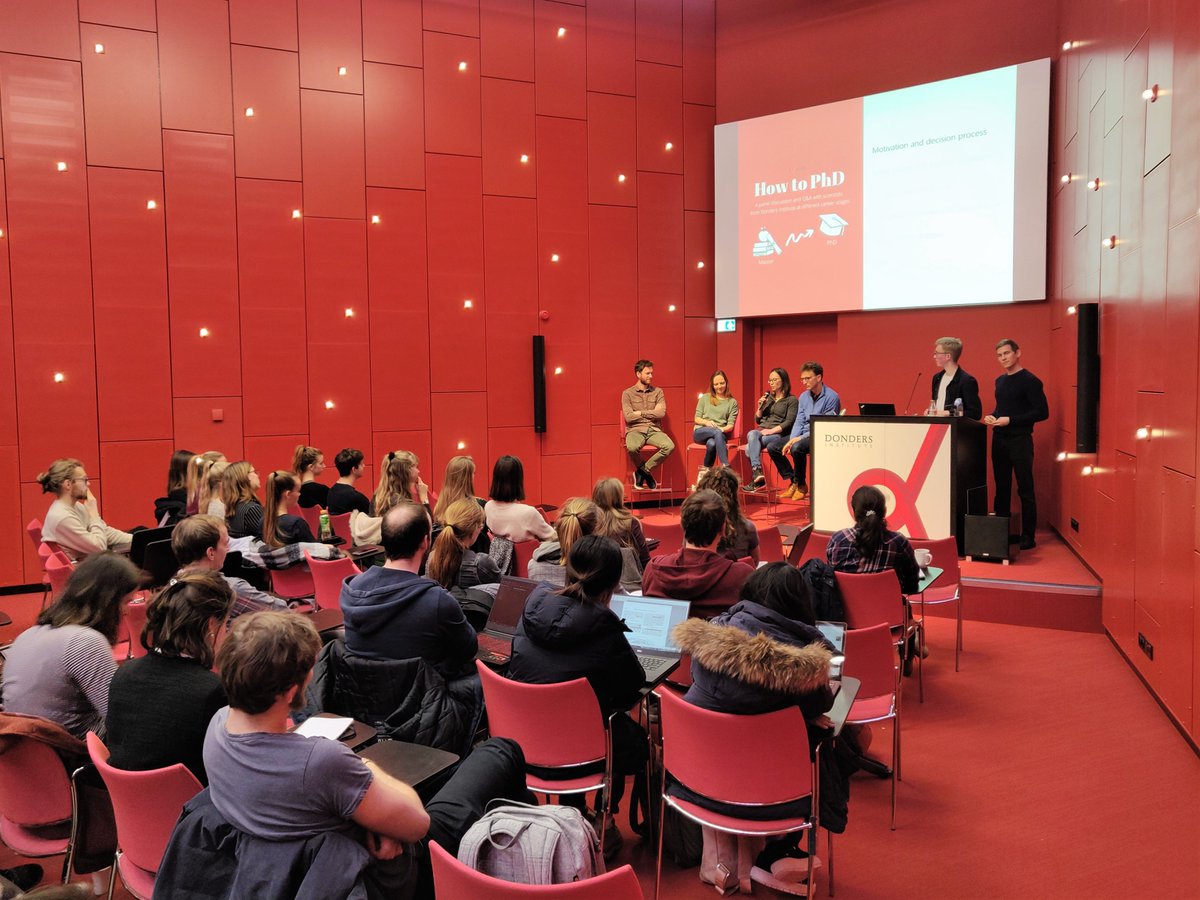 EduDrite's tweet photo. Last week, we hosted our first How to PhD event @DondersInst. We thank our speakers @AnneMickan, @ThielenJordy, Brooke Latour and David Norris for providing current Master students with many interesting insights and important advice for their PhD journey. (1/3) https://t.co/MxGfJZzwTc