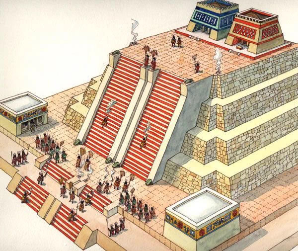 アステカの帝都テノチテトランには太陽の神ウィツィロポチトリの神殿と雨の神トラロクの神殿が2つ並んで建っていた らしい 