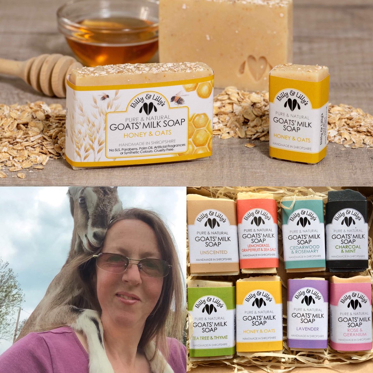 Coming soon! Locally produced goat’s milk soap by Jo of ‘Billy &amp; Lilly’s’ (Jo is in the photograph with Ginger). 
The question is which do we stock? We are short on space and too much choice is a bit of a stress to be honest! 
Opinions are welcome 👍#funkyfrankwell