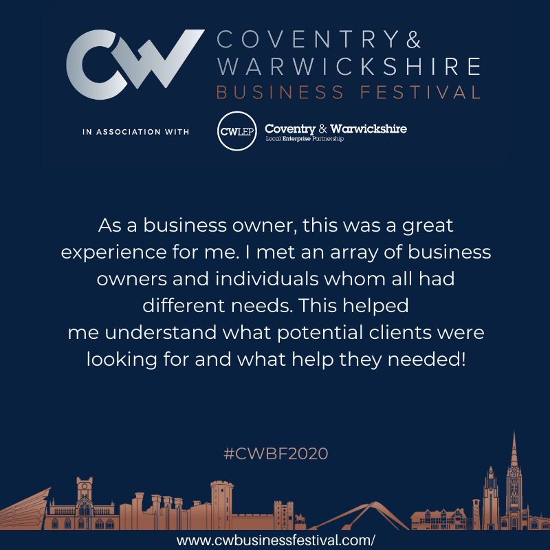 We love to hear about how the CWBF helps businesses! 

The Coventry Warwickshire Business Festival is packed with events, seminars and workshops helping local businesses! 👥