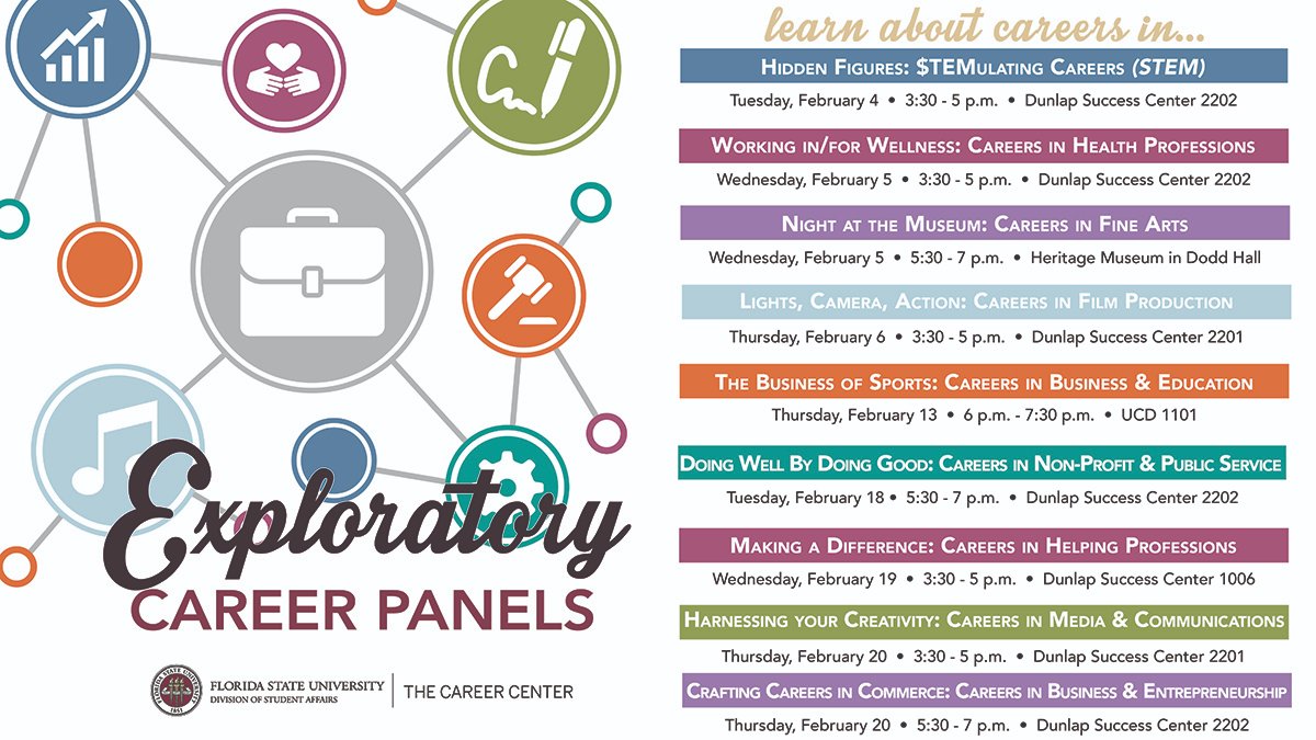 We have 4⃣ Exploratory Career Panels this week! 

Come learn more about what careers in non-profit/public service, helping professions, media/communications and business/entrepreneurship are like from our panelists! 

Each session will end with a Q&amp;A. 

#DesignYourCareer