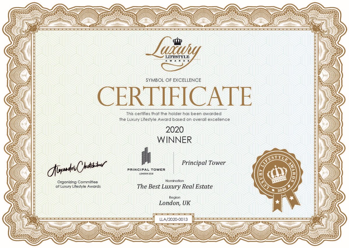 Concord London are excited to announce that Principal Tower has become a Winner of the Luxury Lifestyle Awards 2020 in the category ‘The Best Luxury Real Estate in London’ 🏆