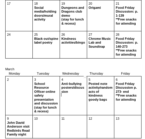 Daily Library Events for "Posted", Our Family Book Read - For the next three weeks, Tuesday through Friday, students are encouraged to   stop by the LMC during their recess to partake in fun activities related to our family book rea edl.io/n1167090