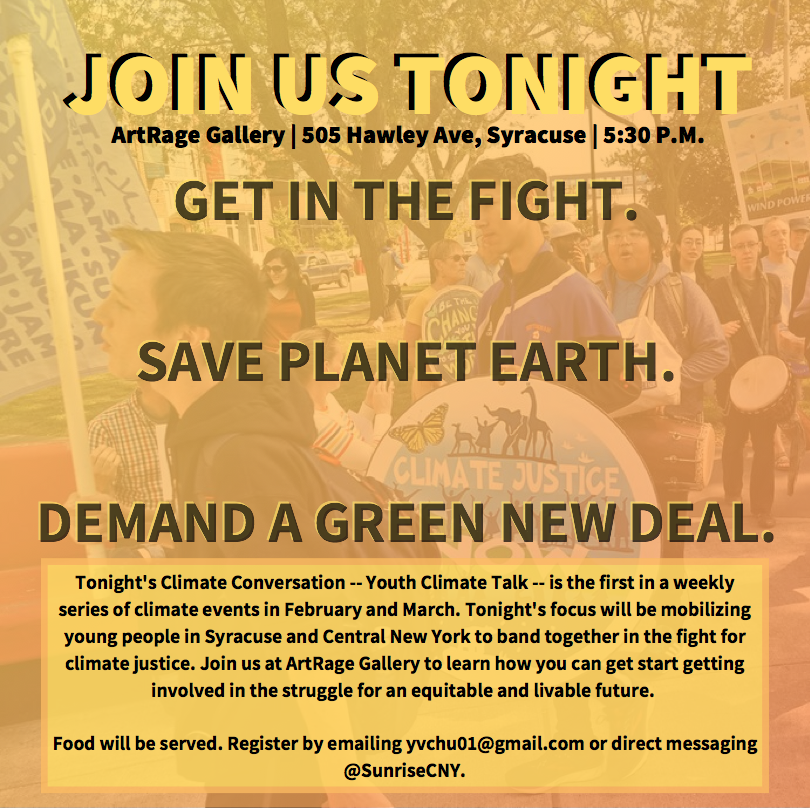 SunriseCNY's tweet photo. We hope you'll join us tonight at ArtRage to discuss what comes next in the fight for climate justice! Young activists are especially encouraged! https://t.co/1Vw4UXKUXZ
