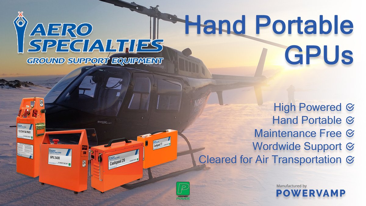 All GPUs manufactured by <a href="/Powervamp/">Powervamp</a> are cleared for air transportation, allowing them to be carried on board for emergency power or turbine starting in the remotest of locations.
Sold through distributor <a href="/aerospecialties/">AERO Specialties</a>.

Full technical information - powervamp.com/dc-aircraft-st…