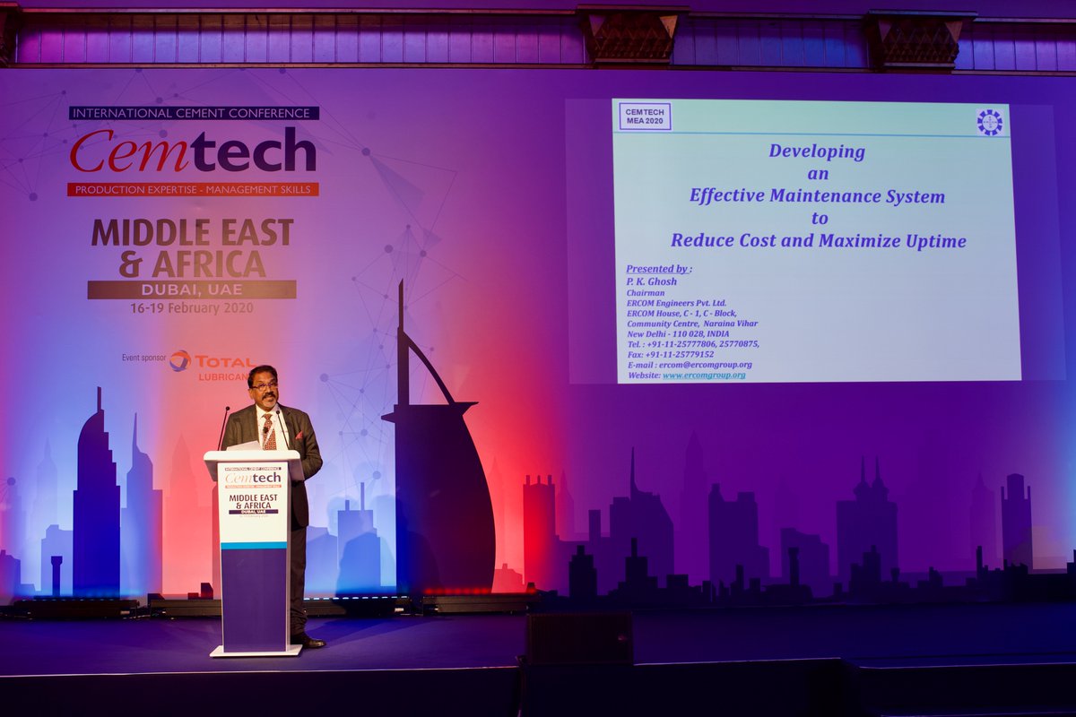 CemtechConf's tweet photo. On stage at Cemtech MEA 2020 - PK Ghosh, Ercom Engineers Pvt Ltd (India) talking about developing an effective maintenance system to reduce costs and maximise uptime. #cement #cemtech #maintenance #cementindustry https://t.co/PLwEkYKtOh