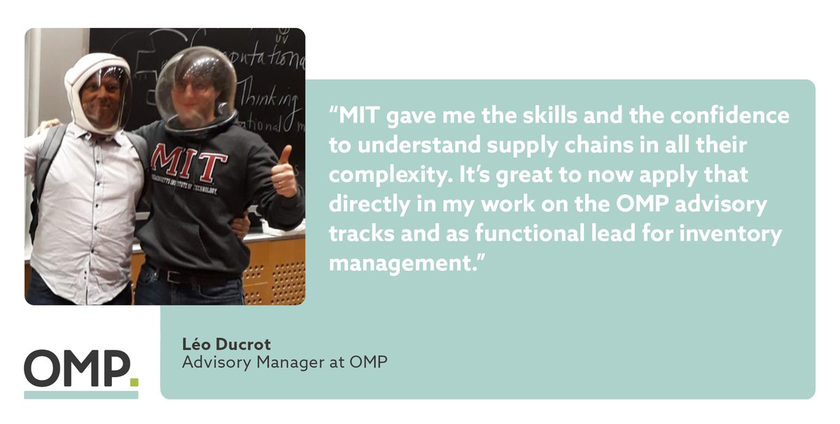 OMP_supplychain's tweet photo. Léo Ducrot, Advisory Manager at OMP, got the opportunity to follow the @mitsupplychain Program. There, he gained many insights on the impact of supply chain on businesses. Are you part of the #MITSCM class of 2020? Join our info session at @MIT on Feb 25! https://t.co/YhF49RAYOc https://t.co/jWRiu6DlSO
