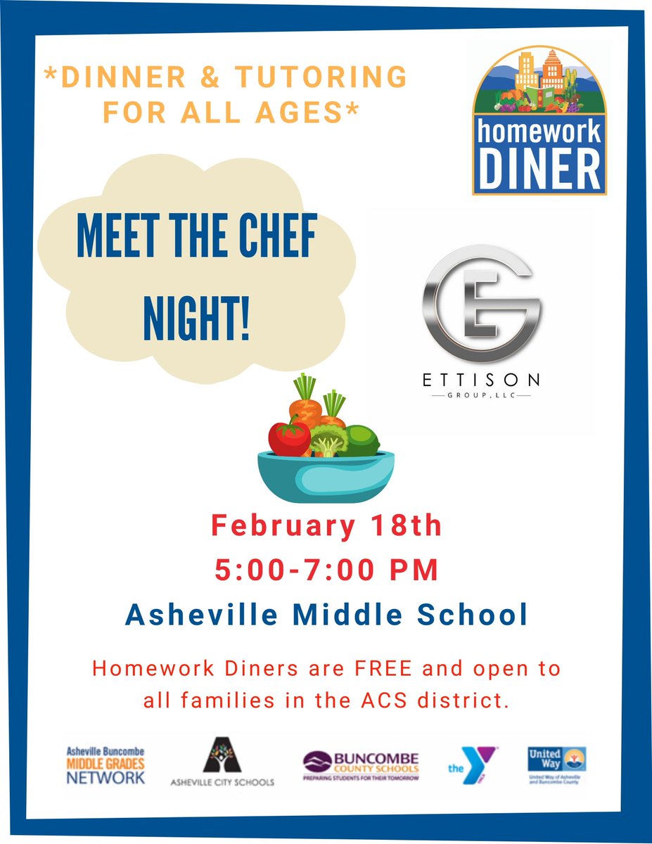 AVLCitySchools's tweet photo. #HomeworkDiner is hosting a special "Meet the Chef" night at @avlms tonight! 

Come and meet our highlighted caterer. 
This is our weekly family affair from 5-7pm in the cafeteria for all students and families K-12 in the ACS district.

😃 #TheACSWay https://t.co/ig8VC8SYBc