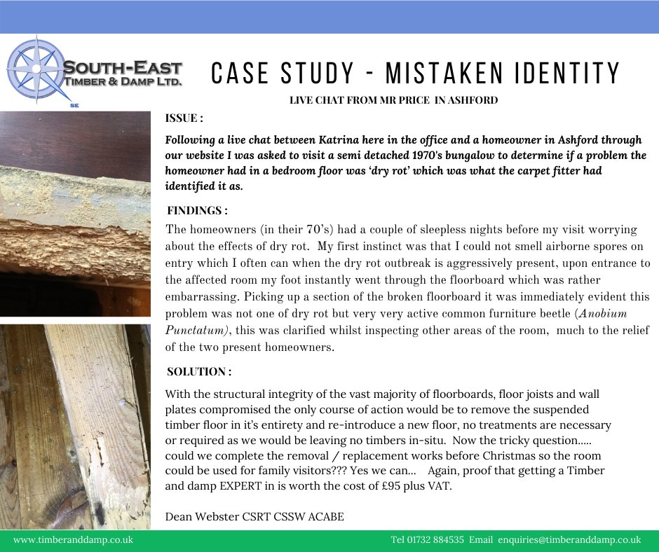 SETimberDamp's tweet photo. We meet clients weekly who have had issues mis-diagnosed and have had costly worthless treatments that have not solved the problem. Luckily this client got us in early on a snapshot survey for ยฃ95plus VAT and got good correct honest advice. #useanexpert https://t.co/HSOUVptaSY