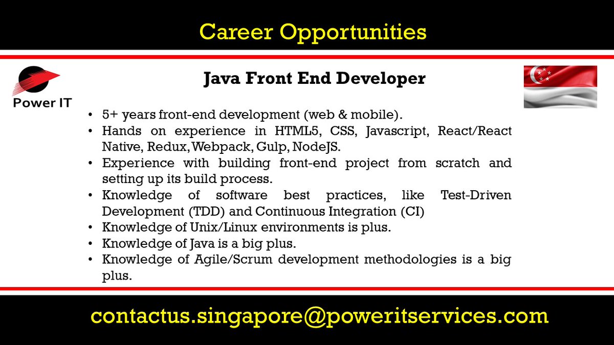 PowerITsg's tweet photo. We have an Excellent opportunity for Java Front End Developer in Singapore Location. Interested candidates, please send us your updated profile to contactus.singapore@poweritservices.com

#singapore #singaporejobs #frontend #frontenddeveloper #frontenddevelopment #frontenddevelop https://t.co/8EIDq8dEI4