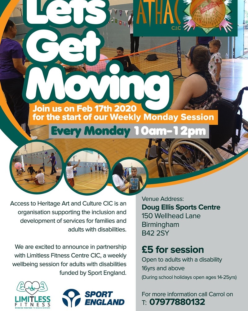 LimitlessFitCen's tweet photo. Lets get moving sports and well being session are on a weekly basis at the Doug Ellis sports centre in Perry Barr Birmingham. These session are targeted to adults with disabilities, who will be able to access multi sports sessions every monday for 2 hours starting at 10am https://t.co/VuE0Wv3txh