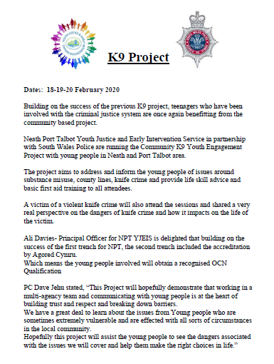NPTYouthJustice's tweet photo. 👮Together with @swpolice, #NPTYJS will run the 2nd Community K9 Youth Engagement Project, over the next 3 days.
Young People involved will receive an OCN accreditation for their participation.
Day 1 will cover Drug and Alcohol awareness and county-lines.#YouthJustice @_YJB 🚨 https://t.co/DwEYskkKs7