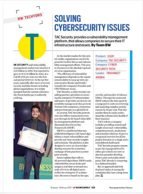 tac_security's tweet photo. TAC Security is proud to share that our Founder &amp; CEO Trishneet Arora has been featured as "India's Most Promising Tech Entrepreneurs" by Business World Magazine

#Techtors2020 #BusinessWorldMagazine #TACSecurity #lifeattacsecurity #TrishneetArora #VulMan https://t.co/GsH9CeDgGH