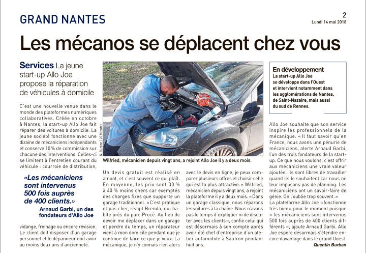 20MInutes parle d'Allo Joe.
Alloe Joe : résent à Nantes, Cholet, Angers, Saint-Nazaire, Tours allojoe.com