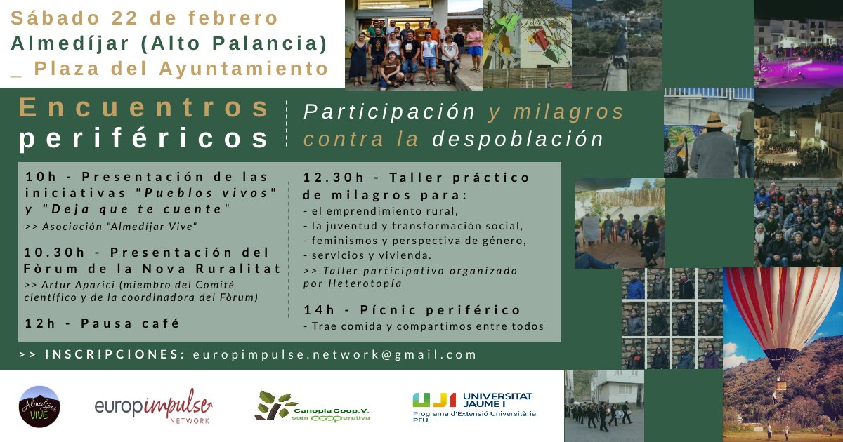 peuuji's tweet photo. La segona trobada #encuentrosperiféricos serà a #Almedijar el 22 febrer amb presentacions de #PueblosVivos, #DejaQueTeCuente i @ruralitat. L'activitat acabarà amb un taller pràctic a càrrec d'@Heterotopa1 👩💻👏 #PEUUJI #projectesPEU @EUROPIMPULSE @UJIuniversitat @Almedijarvive https://t.co/1TKJfTGPRv