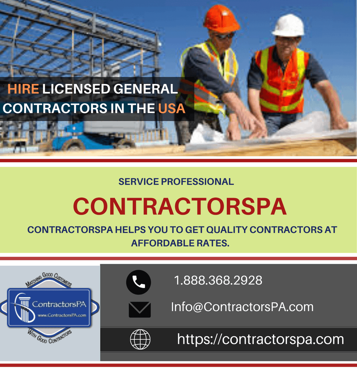 ContractorsPA's tweet photo. Hire Licensed General Contractors in the #USA
 Contractorspa helps you to get quality #Contractors at affordable rates. 
contact us at Info@ContractorsPA.com 
or 1.888.368.2928
>>https://t.co/YGt44URG70
#USA  #HireLicensedGeneralContractors #ContractorScreeningUSA https://t.co/pSjfIWt0LK