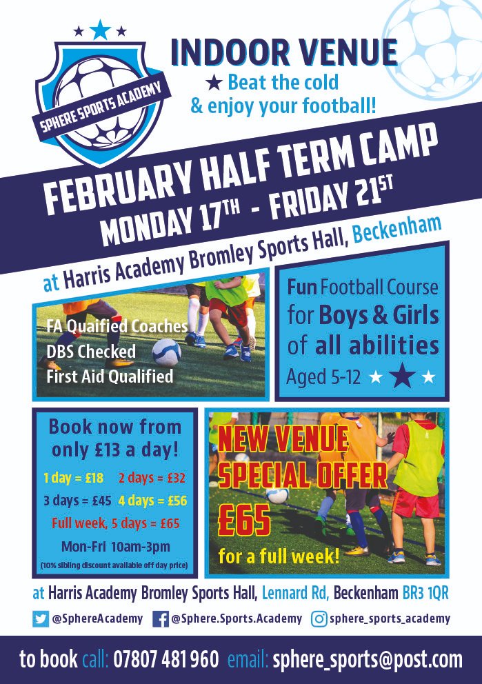 SphereAcademy's tweet photo. It's not too late to book, &amp; beat the cold, on our Half Term Football course at our great indoor venue at Harris Academy Bromley (Beckenham BR3) all this week. Spaces available Wednesday 19th, Thursday 20th &amp; Friday 21st February. Book all 3 days for only £45! Email or phone now! https://t.co/AvV0WNfONe