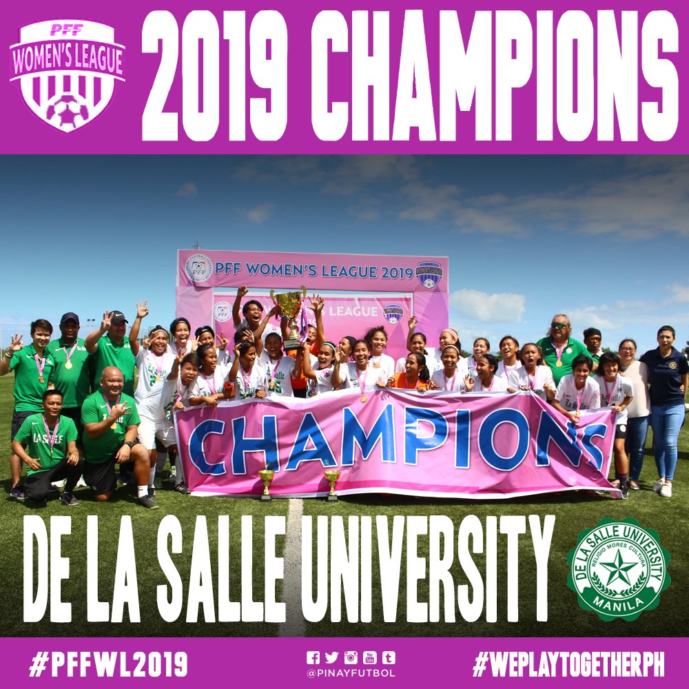 PinayFutbol's tweet photo. CONGRATULATIONS to #PFFWL2019 CHAMPIONS @dlsufootball now 3x winners of the @PFF_WLeague!! 

💚🏆🏆🏆💜

#WePlayTogetherPH #FilipinasFutbol https://t.co/0imSZM2ZGH