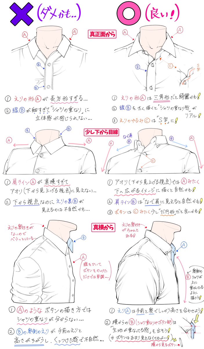 吉村拓也 イラスト講座 シャツ服 の描き方 えり周りのアングル と 上半身のシワ流れ が上達する ダメかも と 良いかも