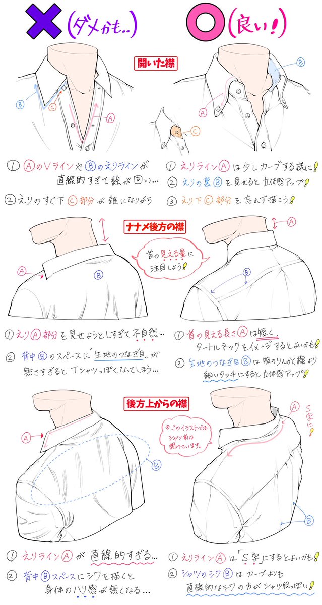 Twitter 上的 吉村拓也 イラスト講座 シャツ服 の描き方 えり周りのアングル と 上半身のシワ流れ が上達する ダメかも と 良いかも T Co Kjoncusurq Twitter