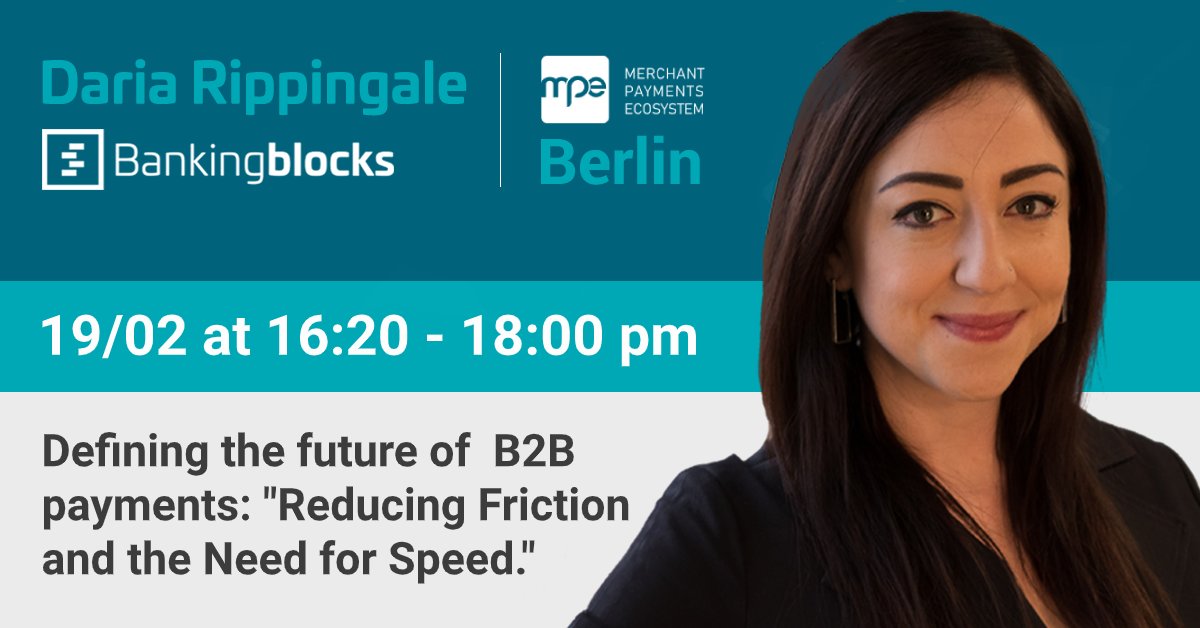 Don’t miss <a href="/DariaRippingale/">Daria Rippingale</a> ’s overview of how #B2B demands for instant, frictionless #payments will drastically transform traditional #financialservices and the way money moves globally. Tomorrow at 16:20 in Room: Postdam 3 at <a href="/mpecosystem/">MPE</a> 

#mpe2020 #fintech  #mpe #mpecosystem