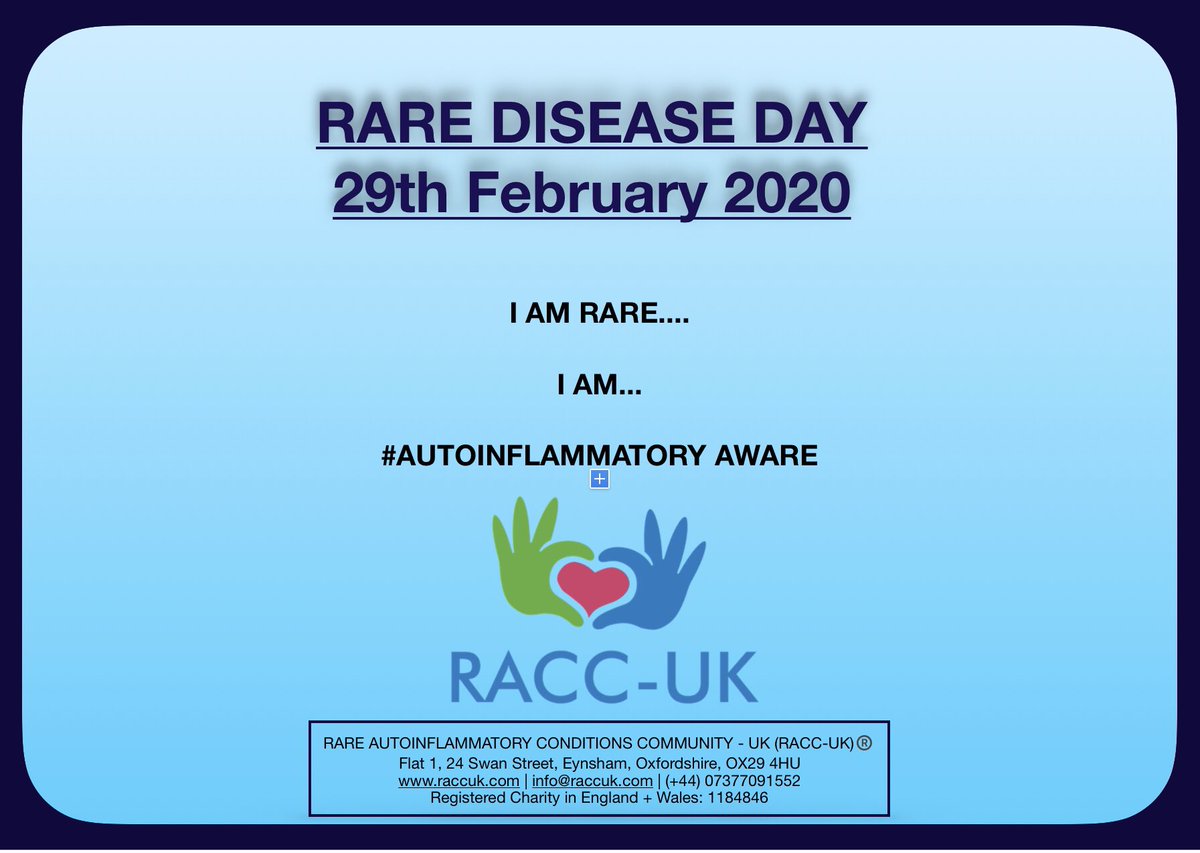 RACC_UK's tweet photo. 11 days to go until Rare Disease Day 2020!
What have you got planned?
#loveyourrare
#showyourrare
#showyoucare
#autoinflammatoryaware
#RareDiseaseDay #raredisease #periodicfevers #autoinflammatory https://t.co/L2InHYa7xe