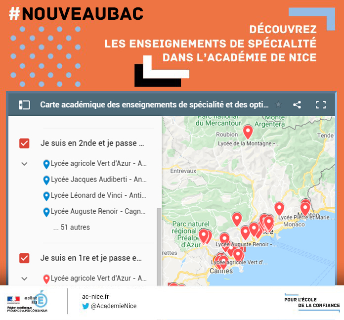 AcademieNice's tweet photo. [#NouveauBac] Découvrez les enseignements de spécialité et les options dans les lycées publics de l'@AcademieNice à la #Rentrée2020 ✏️📗
👉 https://t.co/GV3aVE61tq #MardiConseil #Bac2021 https://t.co/QtVzGHaRN4